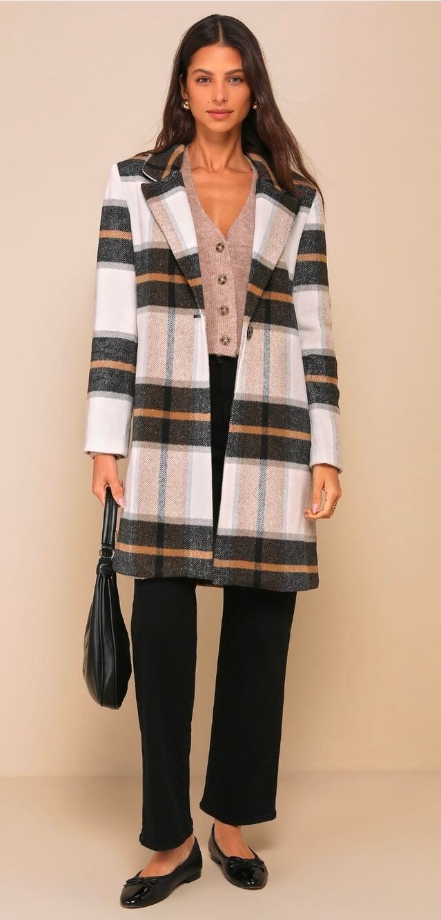 Steve Madden Women's Plaid Long Coat Gray Beige Size M NWT